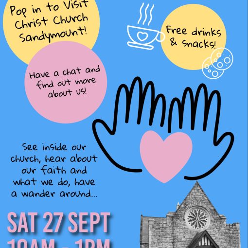 Blue leaflet with cartoon hands holding a heart and a photo of church building.