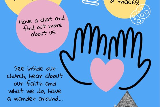 Blue leaflet with cartoon hands holding a heart and a photo of church building.