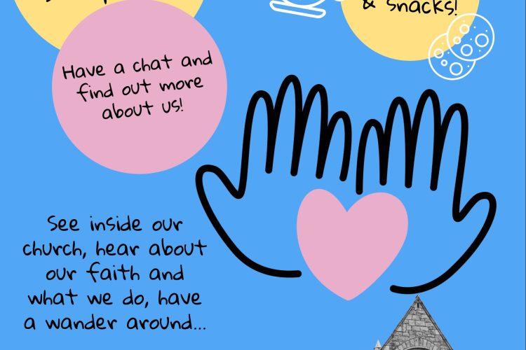 Blue leaflet with cartoon hands holding a heart and a photo of church building.